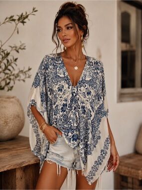 Johnny Was Biya 100% Silk Oversized Tunic Blouse Blue Paisley Boho Chic Small